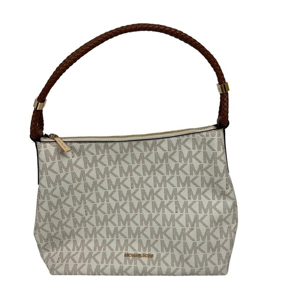 MICHAEL KORS Women’s Satchel Logo Purse Brown & Cream 14.5”x10” Braided Handle - Picture 1 of 14